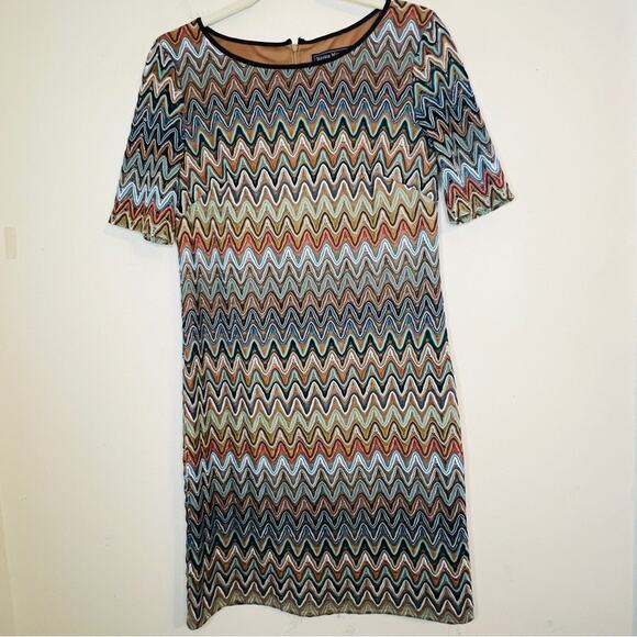 Jessica Howard Chevron Lace Dress Sz 6 Blue Brown Retro Mod Sheath Preppy - Picture 1 of 7
